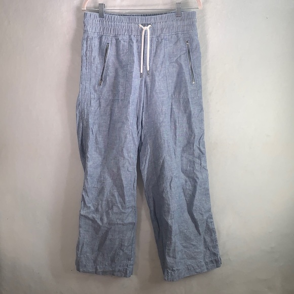 Athleta Cabo Linen Wide Leg Pant Size 4P Petite Blue Zipper Pockets Drawstring - Picture 2 of 8
